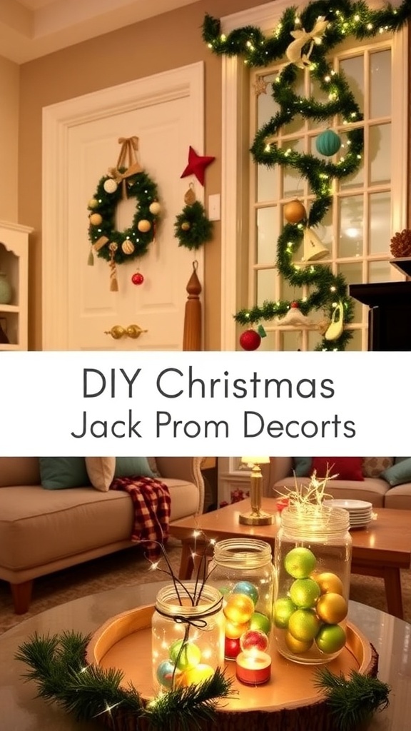 A living room decorated with DIY Christmas ornaments, wreaths, and centerpieces, showcasing a festive holiday spirit.